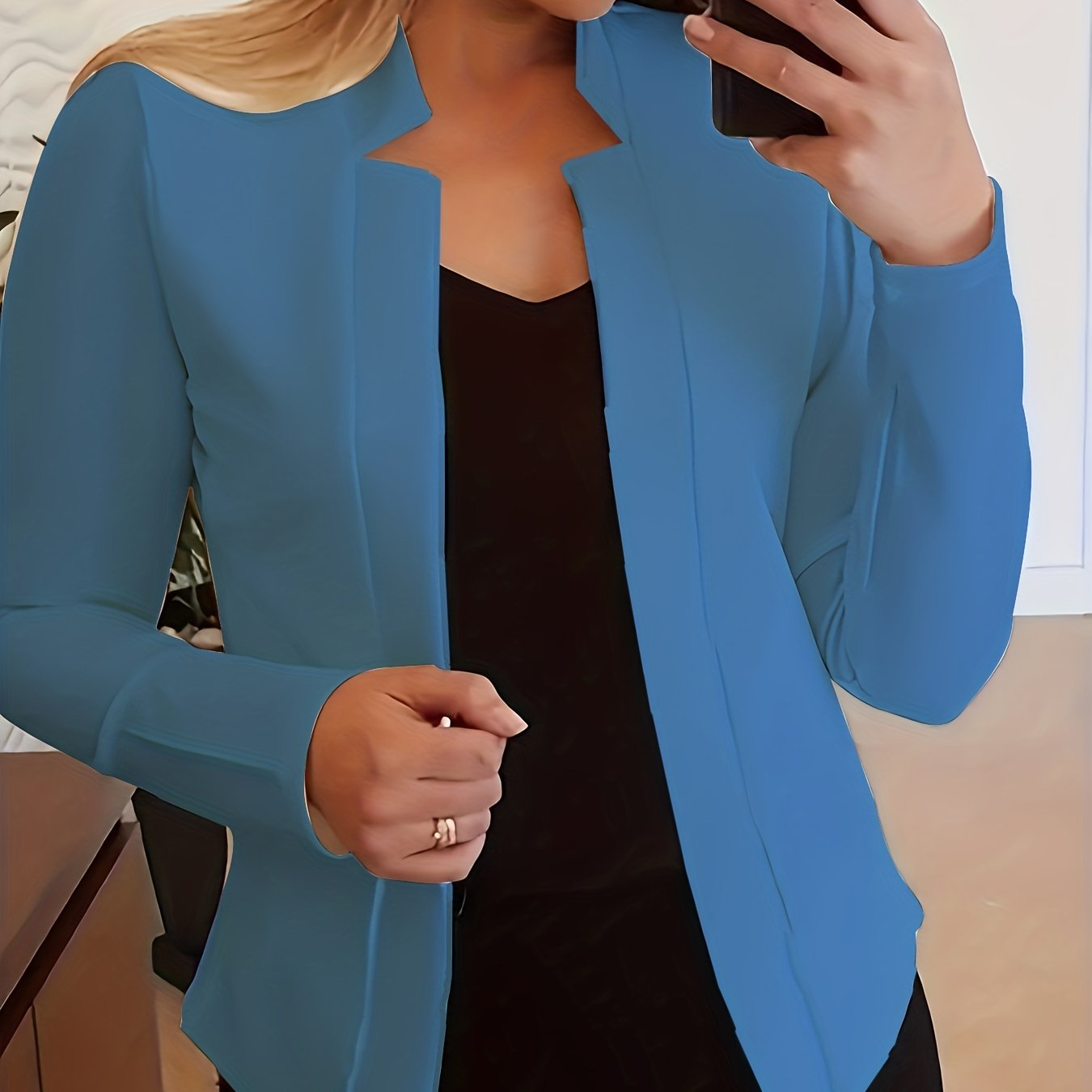 [Everyday Comfort] Women's Elegant Solid Color Polyester Blazer - 95% Polyester, 5% Spandex Knit Fabric, All-Season Stand Collar Jacket for Adults