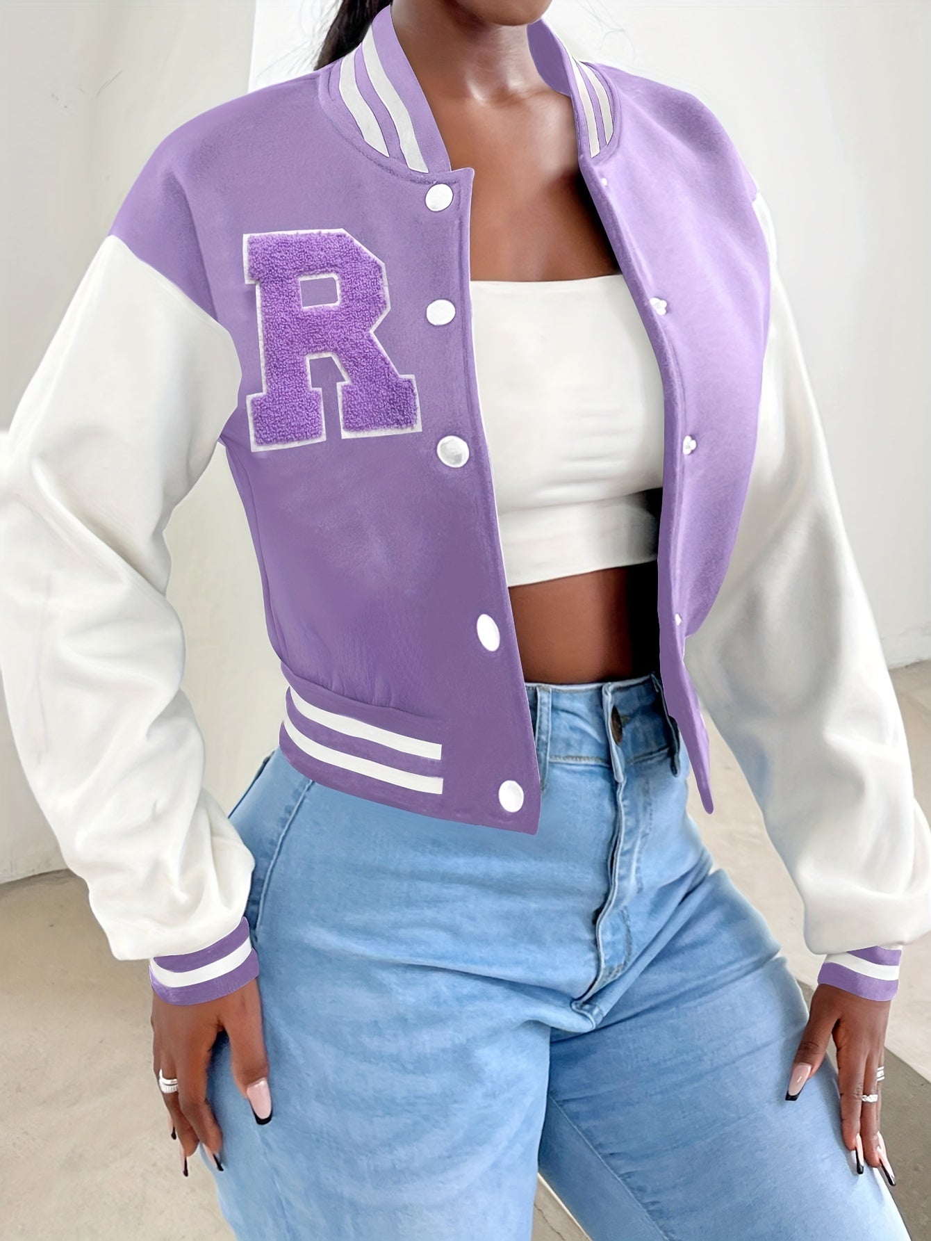 R Pattern Button Up Crop Bomber Jacket, Preppy Long Sleeve Jacket For Fall & Winter, Women's Clothing