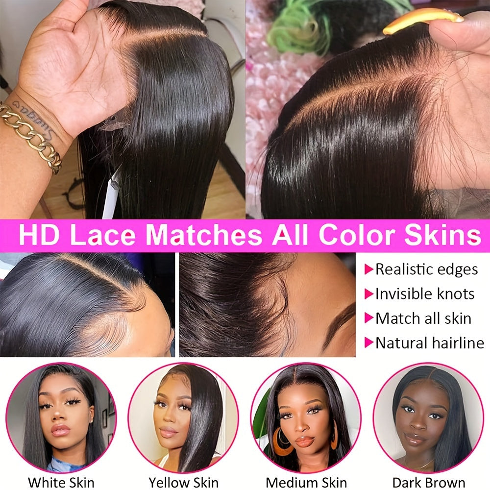 180% Density Brazilian Human Hair Straight Lace Front Wig - Ultra-Realistic & Pre-Plucked with Lush Baby Hair - Full 13x4 Coverage for Women - Timeless Black