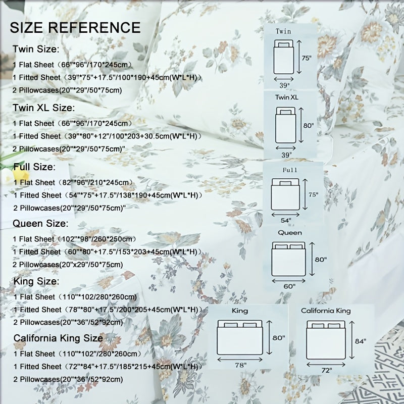 4Pcs Sheets Set Elegant Floral Bedding Shabby Beige Bird Print Flower Bed Sheet Set Vintage Farmhouse Bedding 100% Cotton Ultra Soft Girls Bedding with Deep Pocket Fitted Sheet