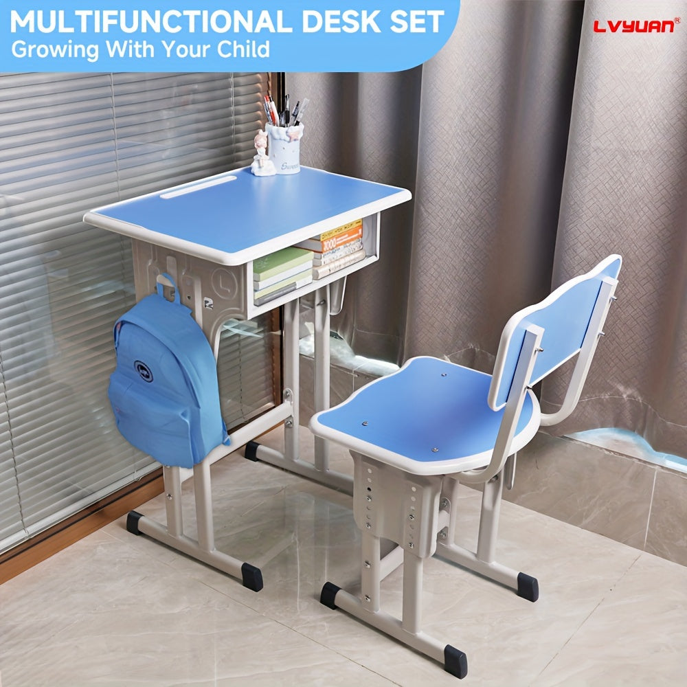 A Set Of High Quality Kids Table And Chair Set, Height Adjustable Children's School Study Table And Chair Set, Ergonomic Study Table Desk For Kids, Suitable For Children, Primary School Students And Teenagers Aged 3-18 Years
