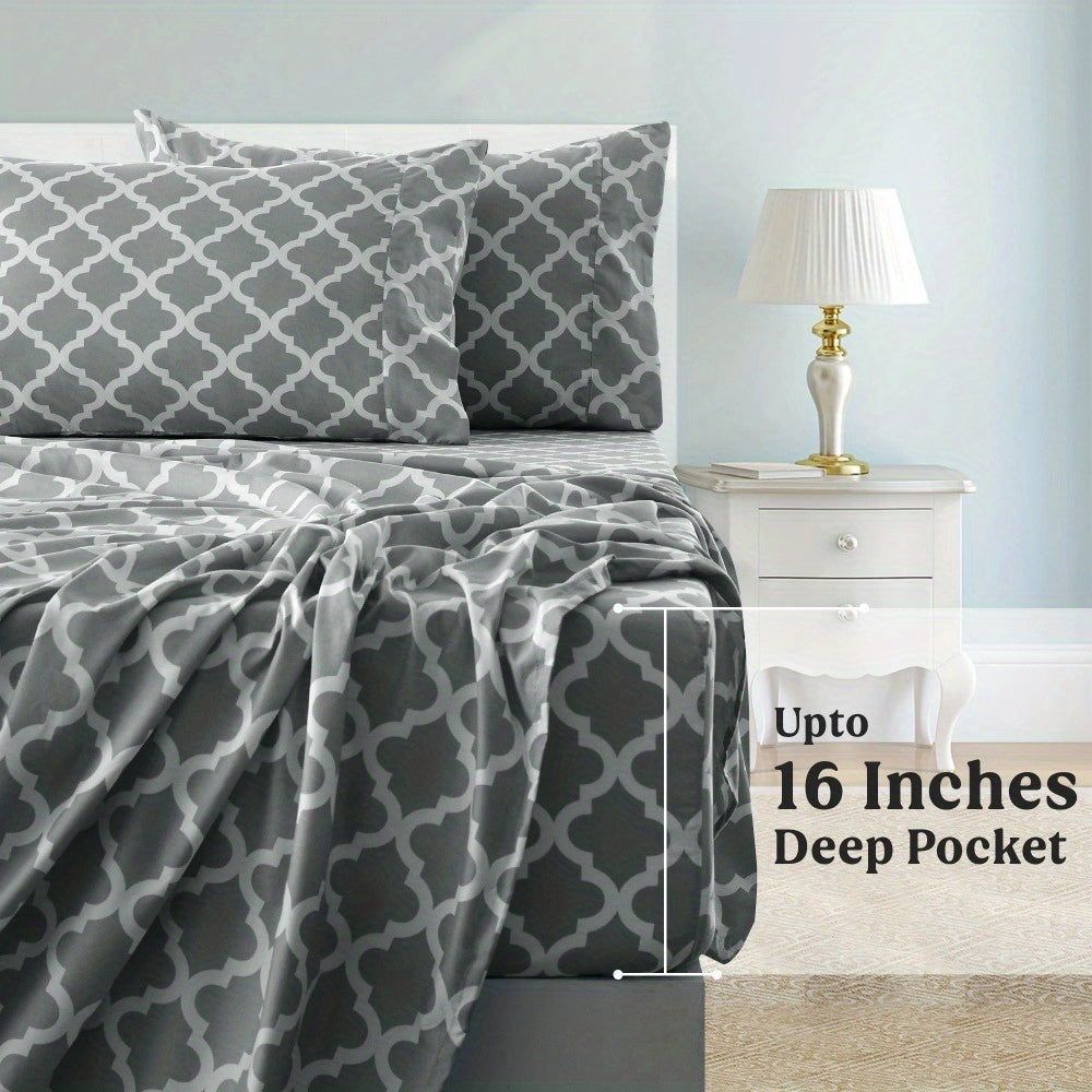 Luxurious Queen Size Bed Sheet Set - 4pcs Microfiber with Deep Pockets, Includes Flat Sheet & Pillowcases - Soft, Breathable Gray & White Striped Design for All Seasons