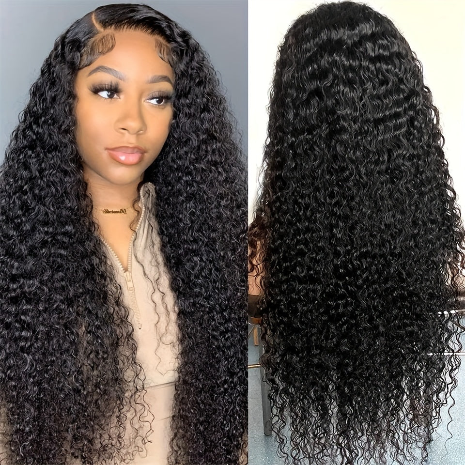 [HD Transparent] Brazilian Deep Wave Lace Front Wig | 4x4 Closure | 100% Human Hair | Pre Plucked | Natural Black Color | 180% Deep Curly