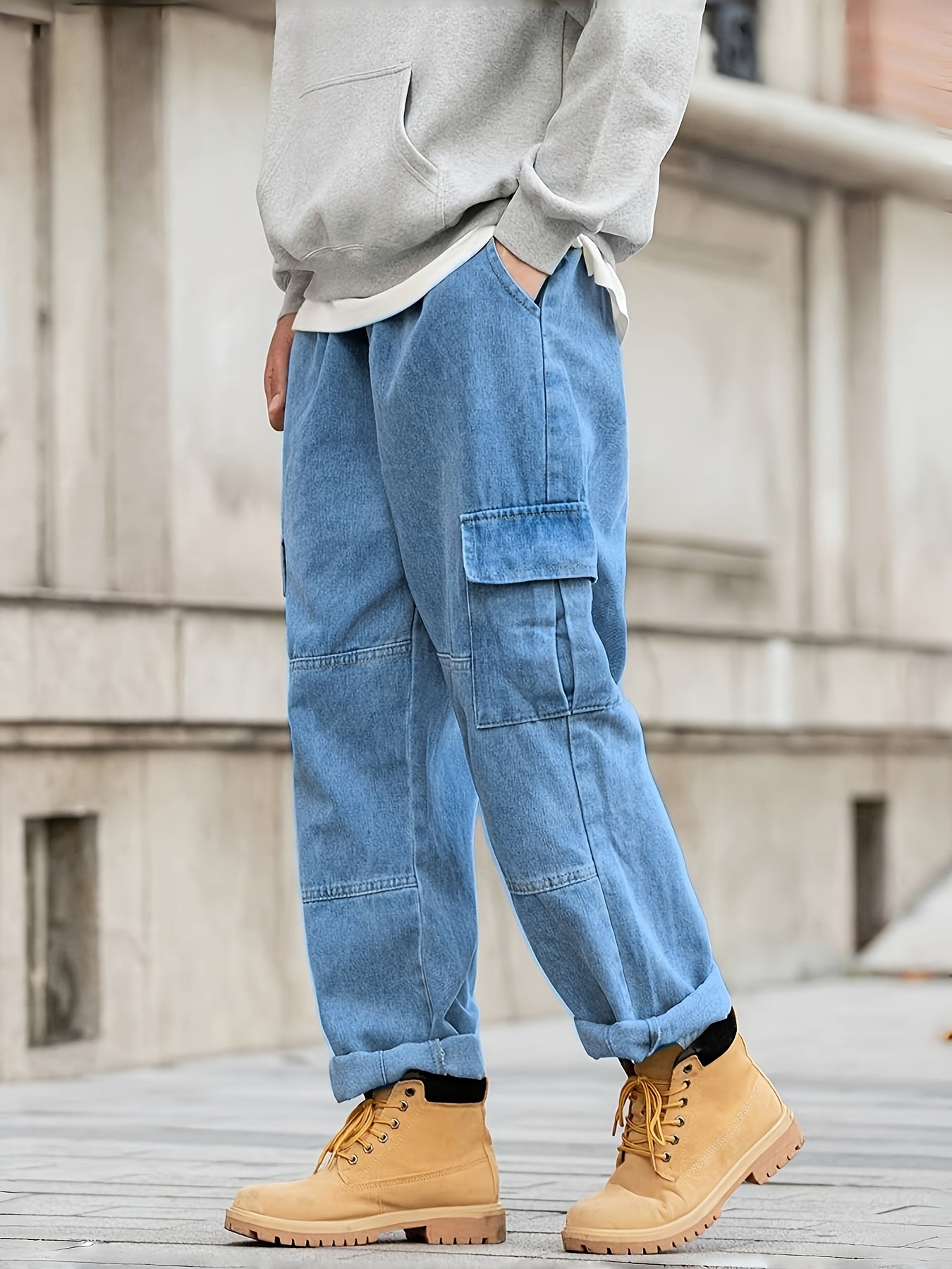 Cargo Jeans For Men Multi Pockets Elastic Waist Denim Casual Streetwear Comfort Pull On Jeans Menswear Pants Soft Denim