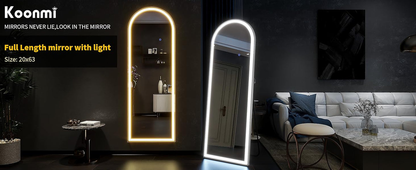 63"x20" Arched Full Length Mirror with Lights,LED Mirror Full Length,Lighted Floor Mirror with Stand,Full Body Mirror