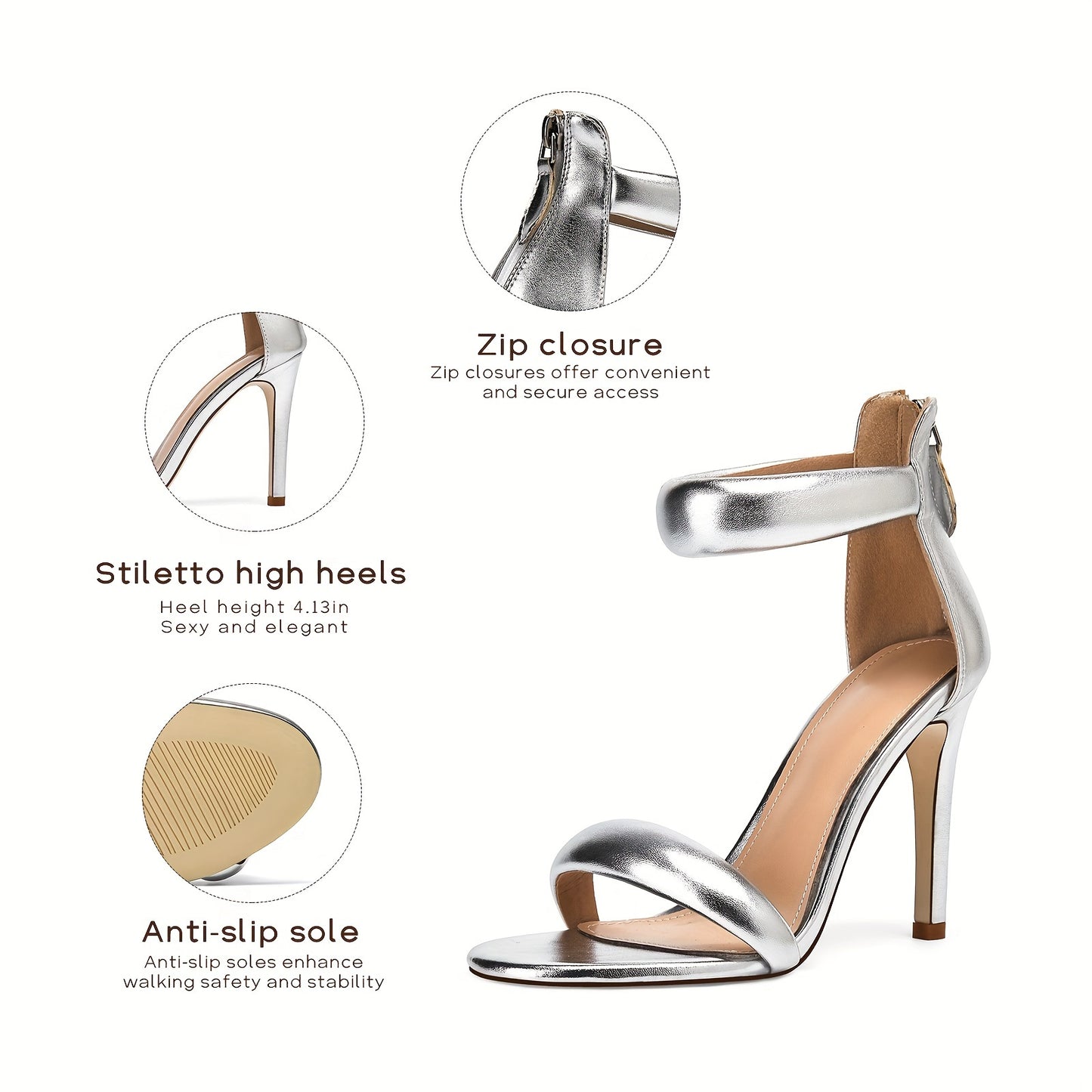 Women's Stiletto Heel Pump Heeled Sandals Pointed Open Toe Ankle Strap Back Zipper Ladies Party Wedding Graduation Prom Girls High Heel Sandal Silver