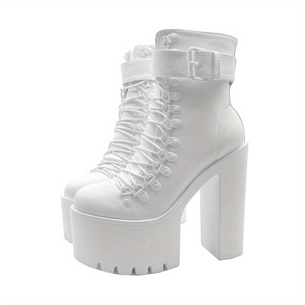 Women's Platform Chunky High Heel Ankle Boots, Black Buckle Strap Lace Up Side Zipper Motorcycle Boots, Punk Style Shoes