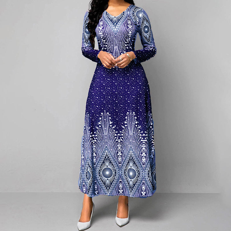 Women's Plus Size Elegant V-Neck Long Sleeve A-Line Dress With Starry Sky Print, Slim-Fit Flowy Maxi Dress For Holiday & Party Wear