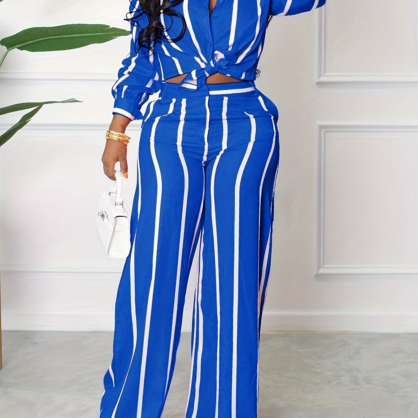 [Two-piece Set Long Sleeve Shirt] Striped Print Two-piece Set, Button Front Collar Long Sleeve Shirt & High Waist Wide Leg Loose Pants Set, Women's Clothing