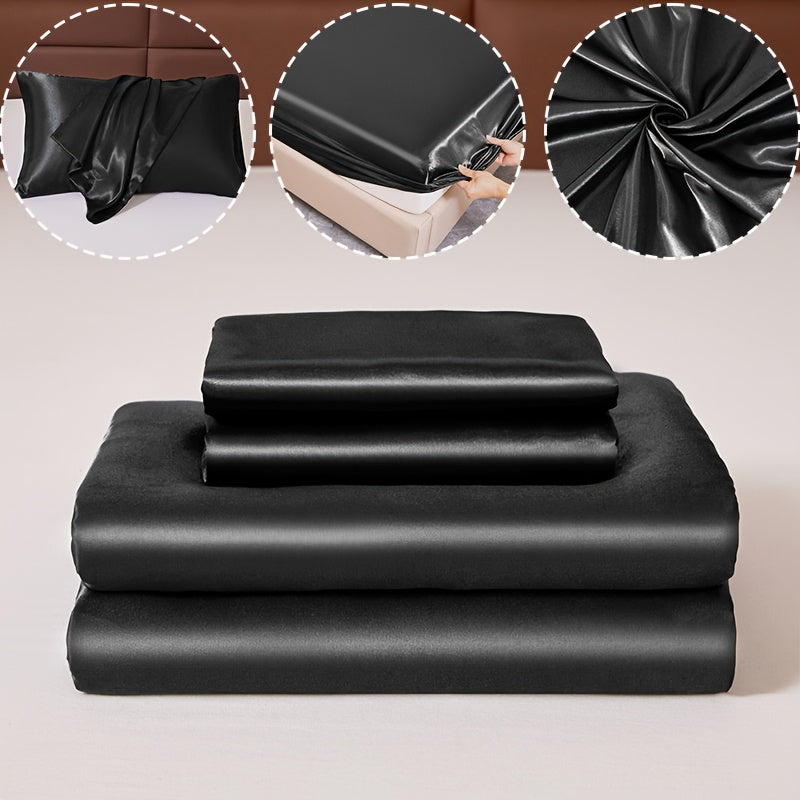 3pcs 100% Polyester Satin Bed Sheet Three-Piece Set [1 Sheet 2 Pillowcase (Coreless)] Skin-friendly Soft And Silky Fabric Student Dormitory Daily Home Bedding Mattress Protector All Year Round Machine Washable No Shrinkage No