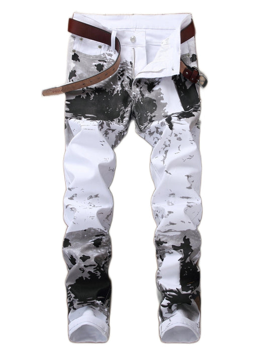 Slim Fit Creative Pattern Print Denim Jeans for Men, Stylish Leisure Pants for All Seasons