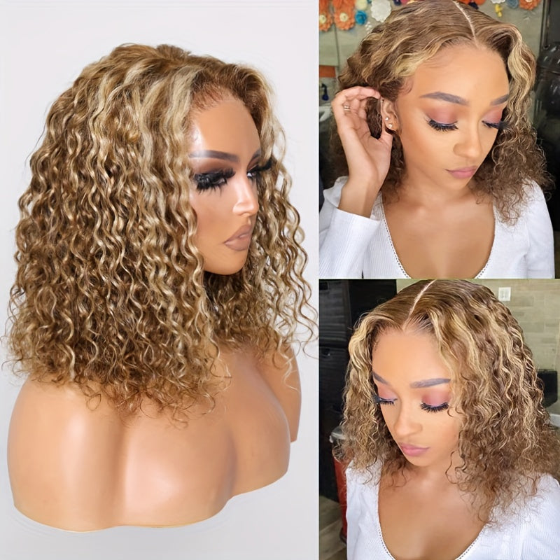 KLAIYI 14Inch Glueless Bob Wig Human Hair - 7x5 Pre-Cut Lace Front, Honey Blonde Ombre Water Wave, 30S Easy Wear, Pre-Bleached & Pre-Plucked, Tangle-Free, No Glue Needed, 150% Density, True to Length, 100% Brazilian Human Hai
