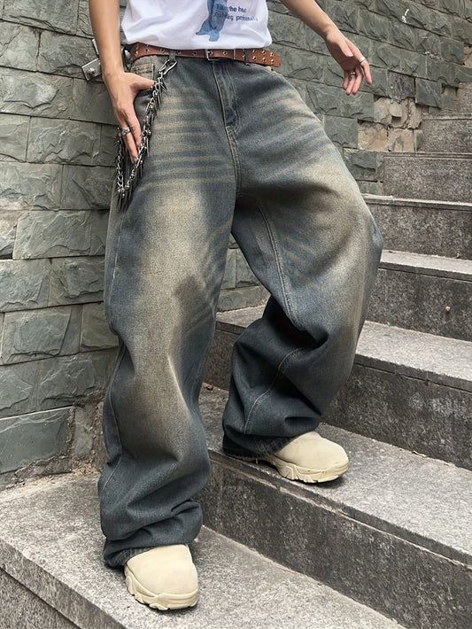 Vintage Washed Denim Jeans for Men - 85% Cotton 15% Polyester, Non-Stretch Fabric, Solid Color, Regular Length, All-Season, Loose Fit Style, Woven - Adult Casual Wide-Leg Pants