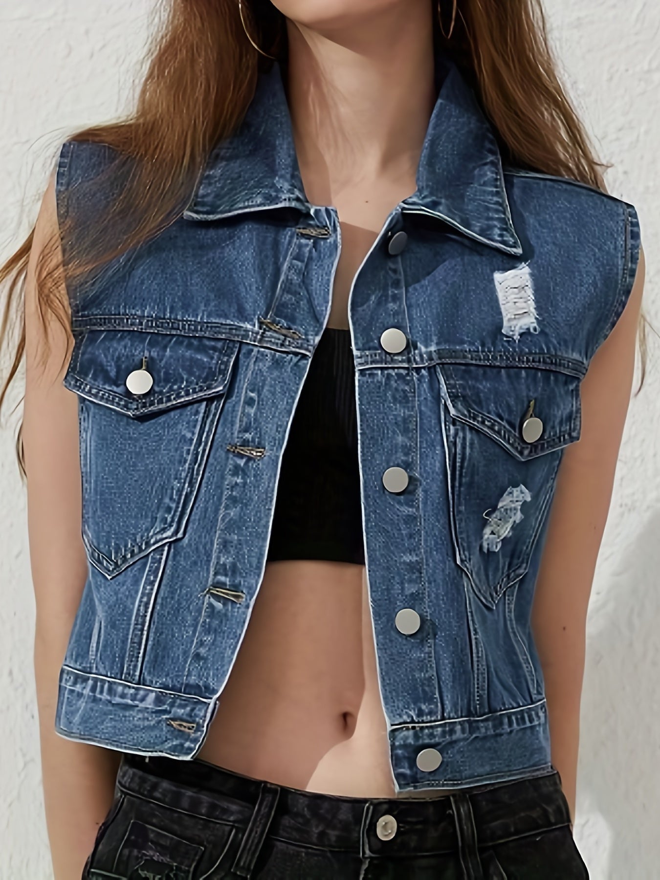 Women's Sleeveless White Denim Jacket with Ripped Flap Chest Pocket - Street Style Vest Coat