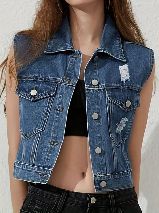Women's Sleeveless White Denim Jacket with Ripped Flap Chest Pocket - Street Style Vest Coat