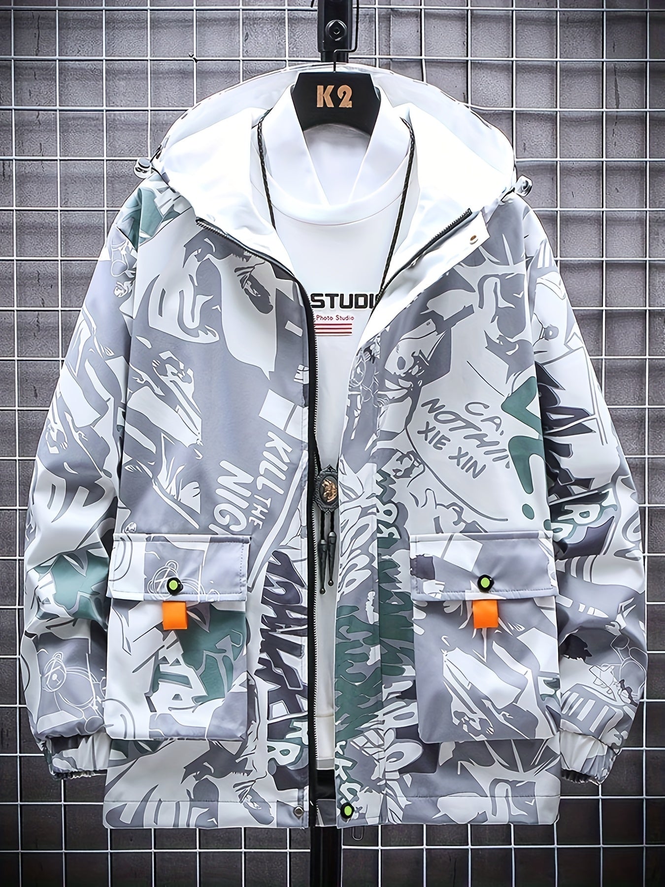 Spring And Autumn Men's Fashion Graffiti Mid Length Windbreaker Popular Hooded And Handsome Men's Jacket Popular Versatile Men's And Women's Same Windbreaker Jacket