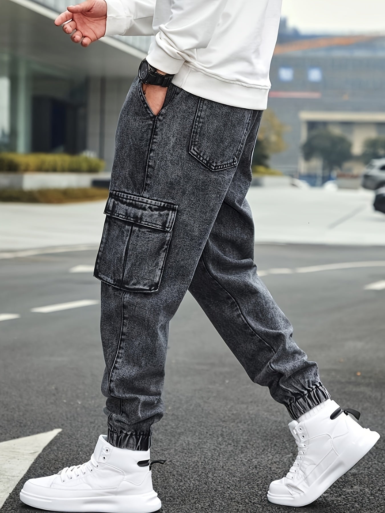 Cargo Jeans For Men Multi Pockets Elastic Waist Denim Casual Streetwear Comfort Pull On Jeans Menswear Pants Soft Denim