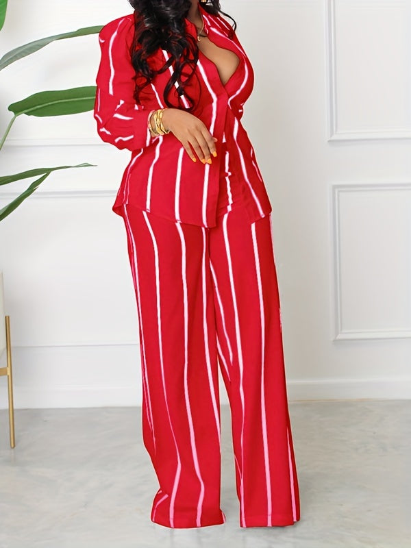 [Two-piece Set Long Sleeve Shirt] Striped Print Two-piece Set, Button Front Collar Long Sleeve Shirt & High Waist Wide Leg Loose Pants Set, Women's Clothing