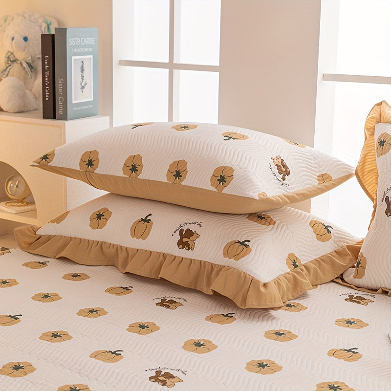 Breathable Quilted Bed Sheet Set with Ruffles - Cartoon Pumpkin Print, Polyester, Machine Washable, Includes Fitted Sheet, 4 Pillowcases with Frills & Smooth Texture, All-Season Comfort - Fits Mattress up to 12 Inches