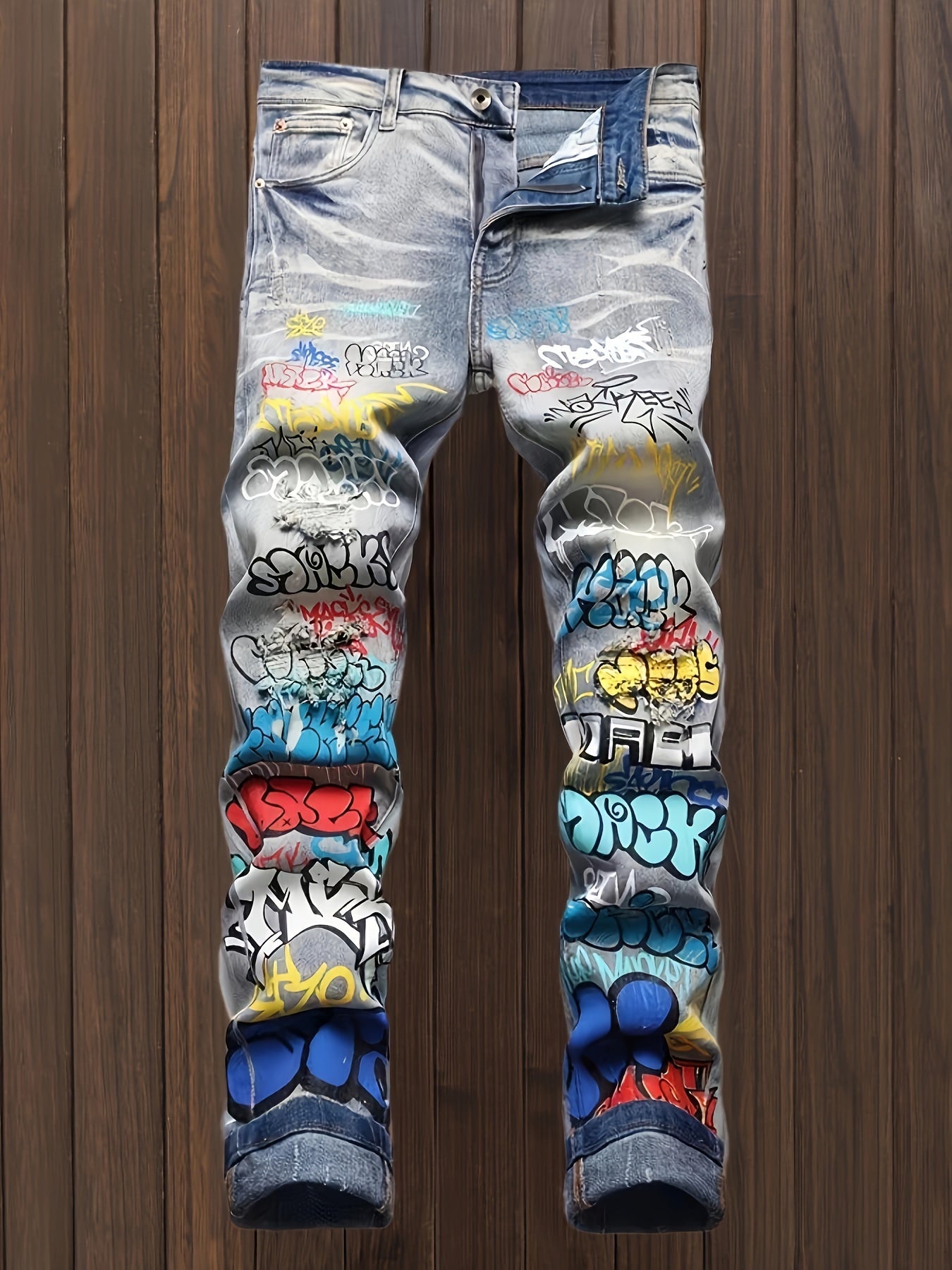 Stylish Graffiti Print Slim Fit Denim Jeans for Men - Comfortable, Versatile, and Fashionable Daily Pants with Artistic Design - Perfect for Casual Occasions and Streetwear