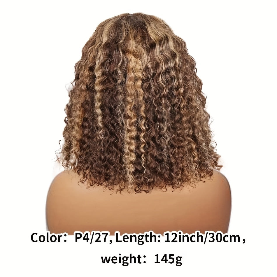 13x4 Brazilian Remy Human Hair Curly Bob Wig - Glamorous Blonde & Brown Highlights, Luscious Deep Waves, Secure Lace Front, For Everyday Elegance - 10-16inch Length, 150% Density