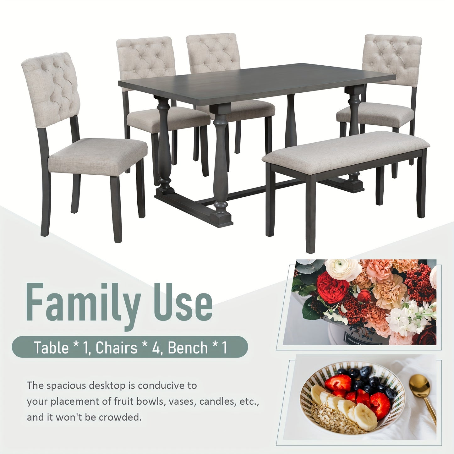 TREXM 6-Piece Dining Table And Chair Set With Special-shaped Legs And Foam-covered Seat Backs&Cushions For Dining Room (Gary)