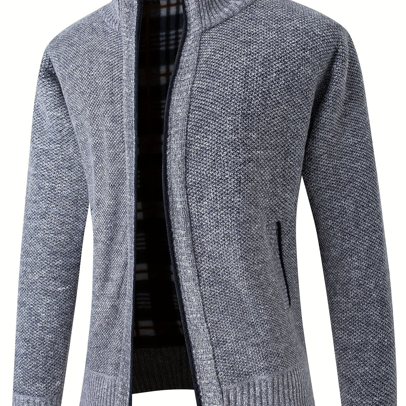 Warm Stand Collar Fleece Jacket, Men's Semi-formal Comfortable Solid Color Zip Up Knitted Cardigan For Spring Fall