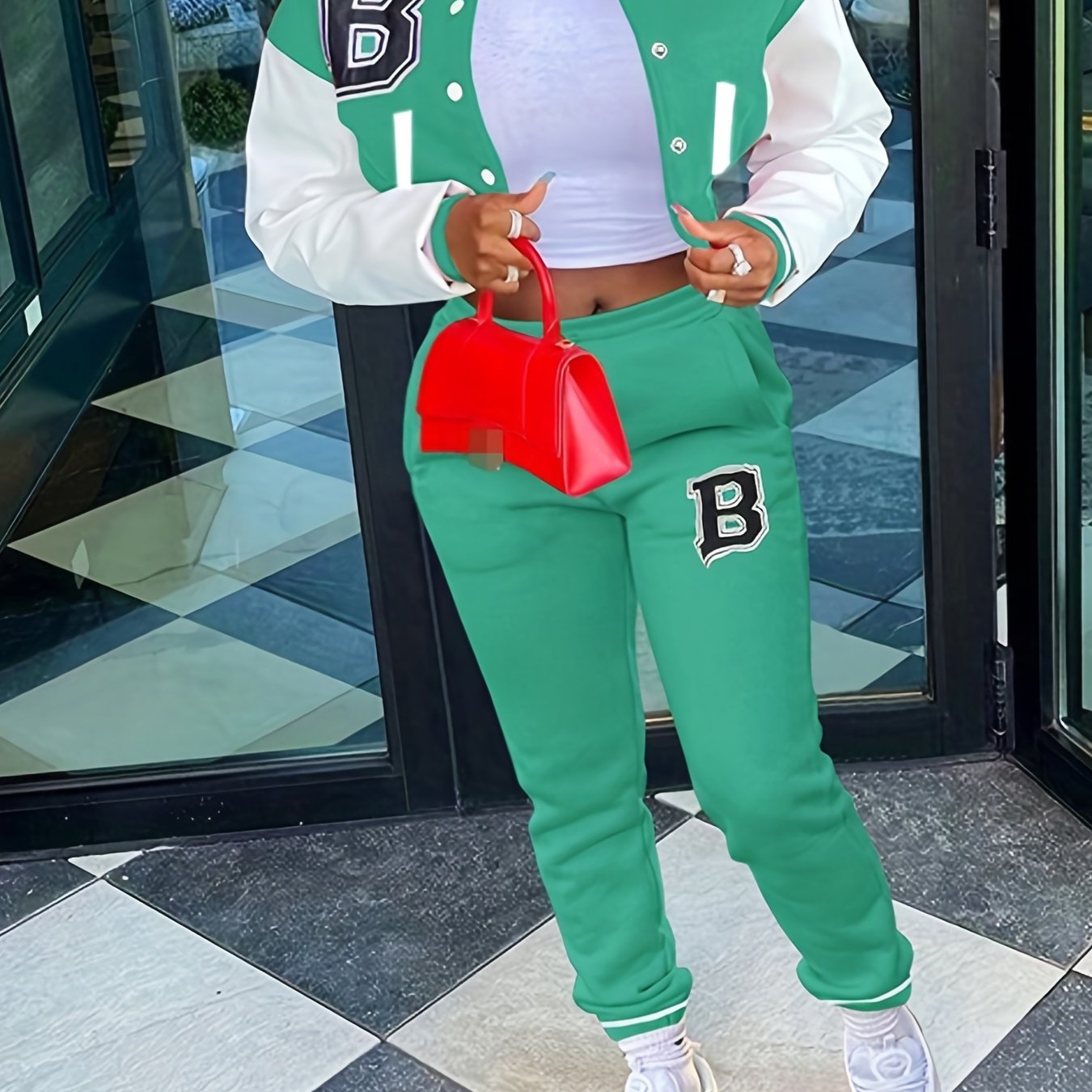 Sporty Chic, Women's Casual Letter Print Baseball Jacket and Pants Set - Red and White, Polyester Blend, Machine Washable, Fall/Winter Fashion Ensemble