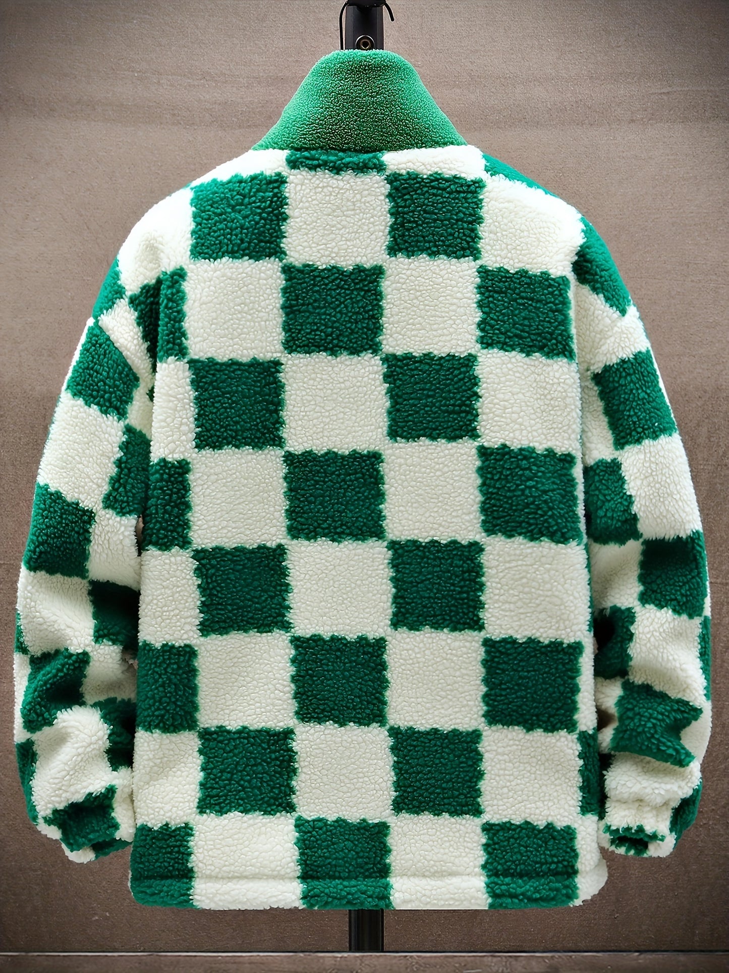 [Plush Winter Coat] Blue & White Plush Checkered Winter Coat | Men's Loose Fit, Stand Collar, Zip-Up Jacket with Drawstring Hood, Casual Style for Fall/Winter