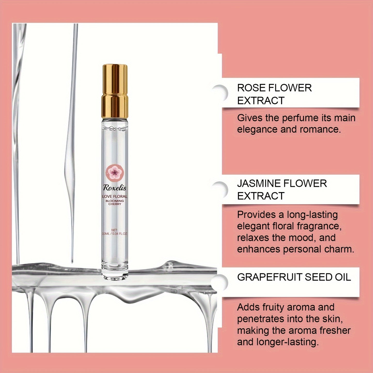 Roxelis Love Floral Cherry Eau de Parfum for Women - Long-Lasting, Fresh Scent with Floral Notes of Jasmine & Rose, Alcohol-Free, Light & Non-Greasy - 10ml/0.34FL.OZ