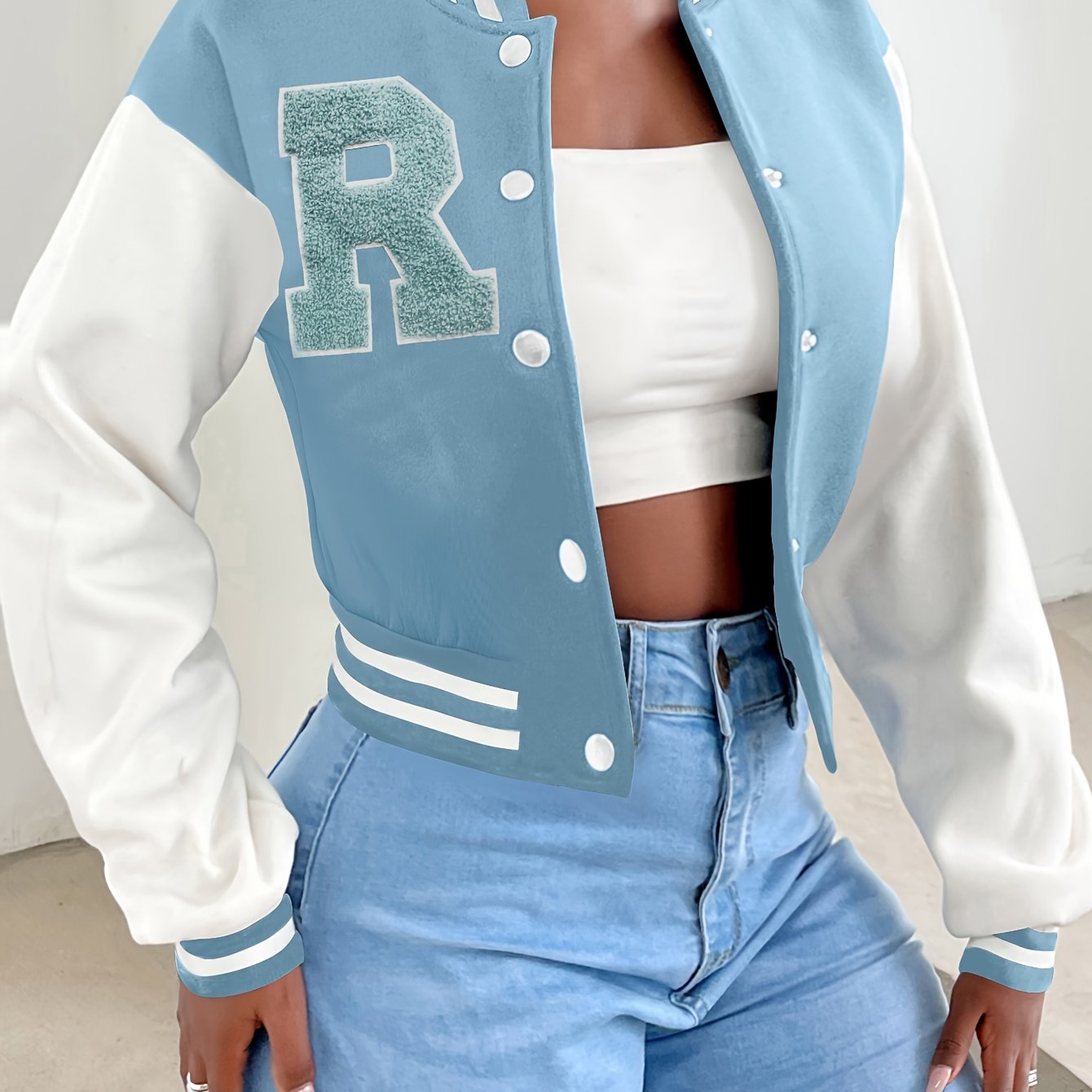 R Pattern Button Up Crop Bomber Jacket, Preppy Long Sleeve Jacket For Fall & Winter, Women's Clothing