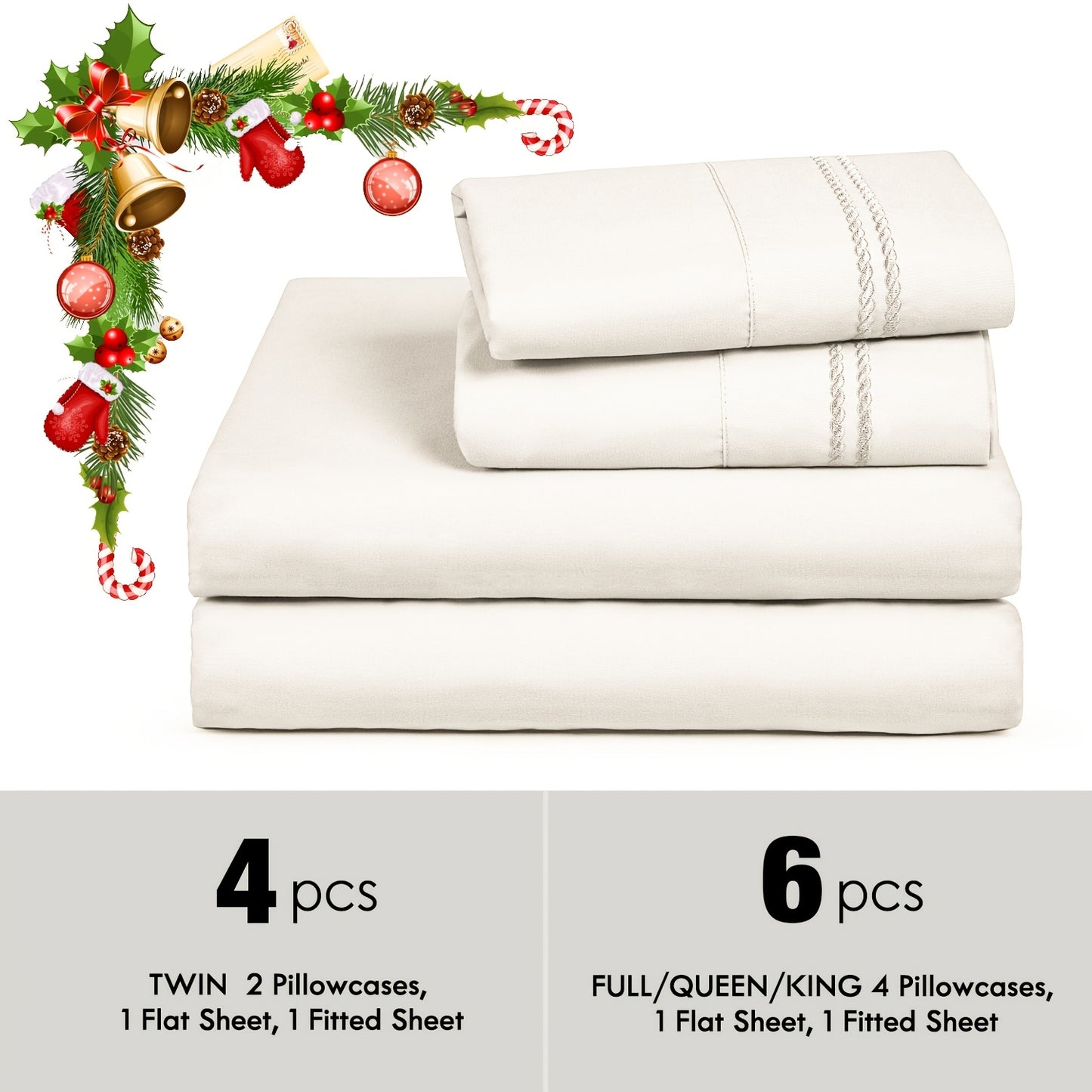 ClevaHome 6pcs Sheet Set Deep Pocket- Ultra Soft Machine Washable Luxury Bed Sheet Set - Shrinkage & Fade Resistant Embroidered Bedding Sheet, Christmas Bedding Supplies Replacement (4PCS for TWIN Size Sheet)