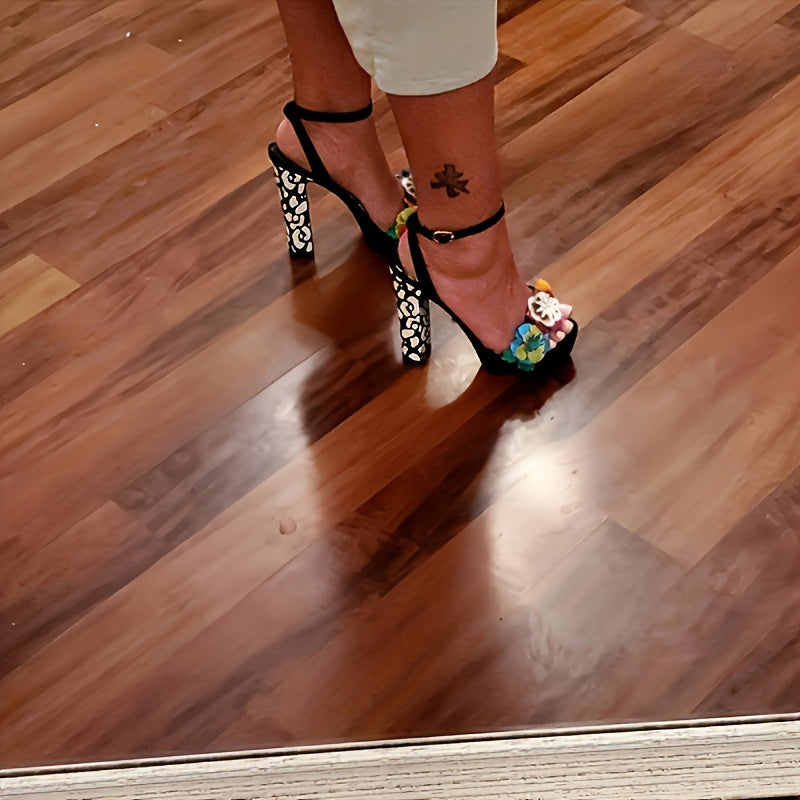 Women's 3D Floral Ankle Strap High Heels, Open Toe Chunky Heel Sandals, Fashionable Dress Shoes