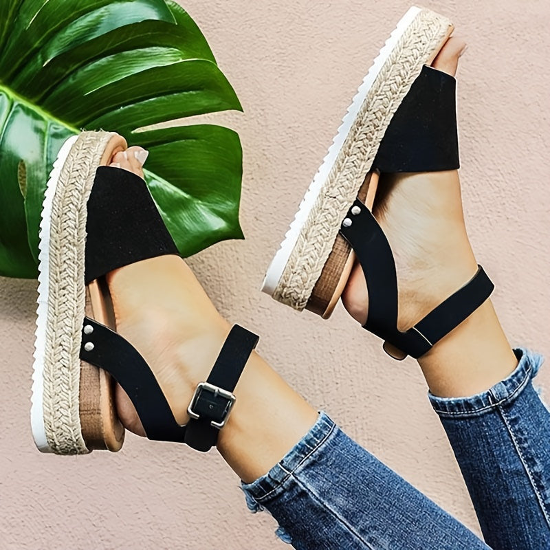 Mid Heel Platform Espadrille Sandals - Buckle Ankle Strap, Open Toe, Lightweight, Non Slip, Faux Leather Upper, PU Sole, Comfortable, Casual, Solid Color, Summer Shoes for Women
