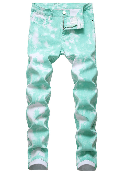 Stretchy Slim-Fit Green Print Jeans for Men - Soft, Breathable, and Comfortable Casual Wear - Perfect for Daily Life and Outdoor Activities