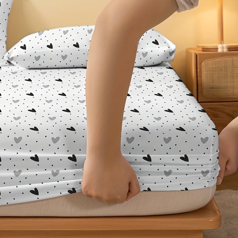 1pc Brushed Fitted Sheet, Soft Comfortable Heart Print Bedding Fitted Sheet, For Bedroom, Guest Room, With Deep Pocket, Fitted Bed Sheet Only, Without Pillowcase