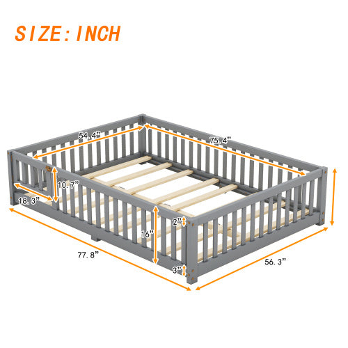 Full Size Bed Floor Bed With Safety Guardrails And Door For Kids, Gray