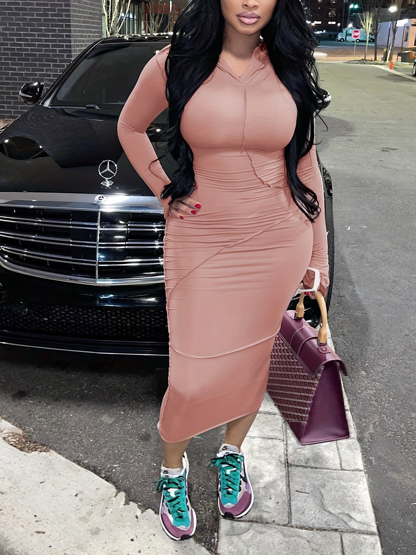 Stylish Solid Hooded Bodycon Maxi Dress - Women's Long Sleeve Casual Dresses for Spring & Fall - Comfortable, Versatile, and Chic Clothing for Everyday Wear
