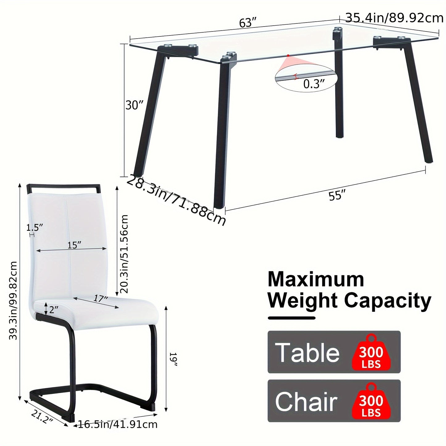 Table And Chair Set, 1 Table And 4 Chairs. Rectangular Glass Dining Table, 0.31 "tempered Glass Tabletop And Black Coated Metal Legs. Paired With White PU Black Leg Chairs. 1123 1162