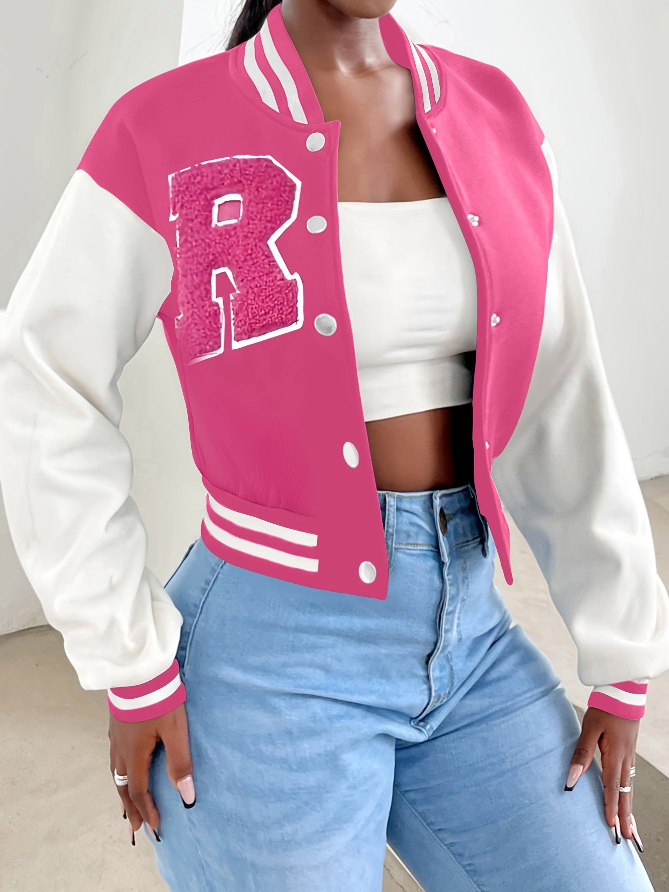 R Pattern Button Up Crop Bomber Jacket, Preppy Long Sleeve Jacket For Fall & Winter, Women's Clothing