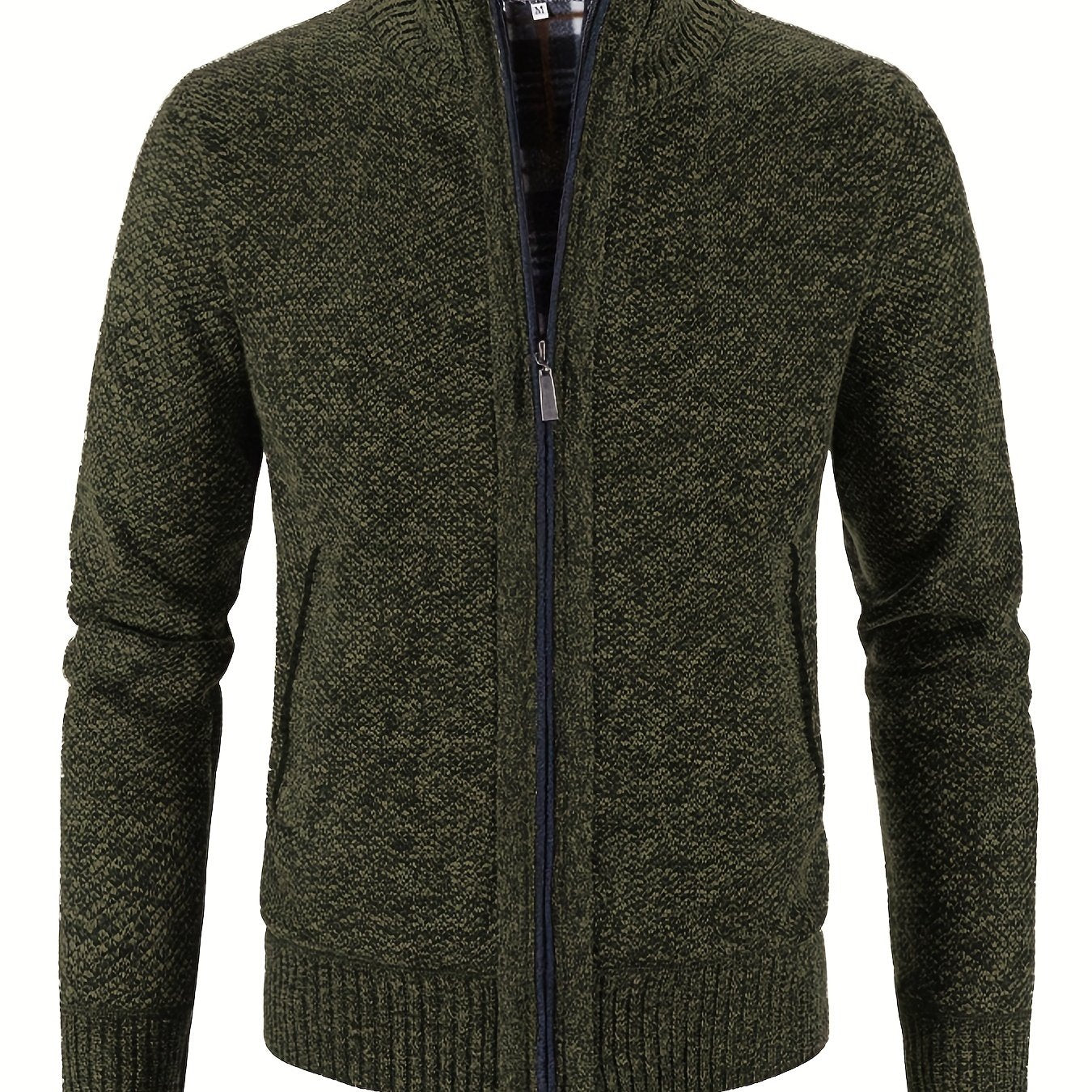 Warm Zip Up Jacket Sweater, Men's Casual Lapel Solid Color Cardigan For Fall Winter