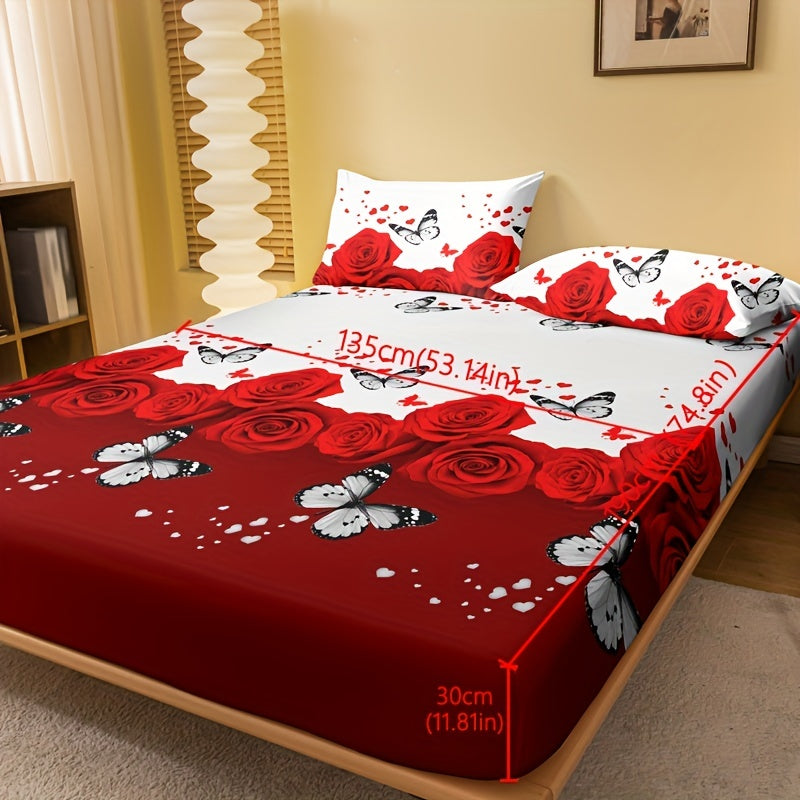 1pc Brushed Fitted Sheet (Without Pillowcase), Soft Comfortable Butterfly Red Rose Print Bedding Mattress Protector, For Bedroom, Guest Room, With Deep Pocket, Fitted Bed Sheet Only