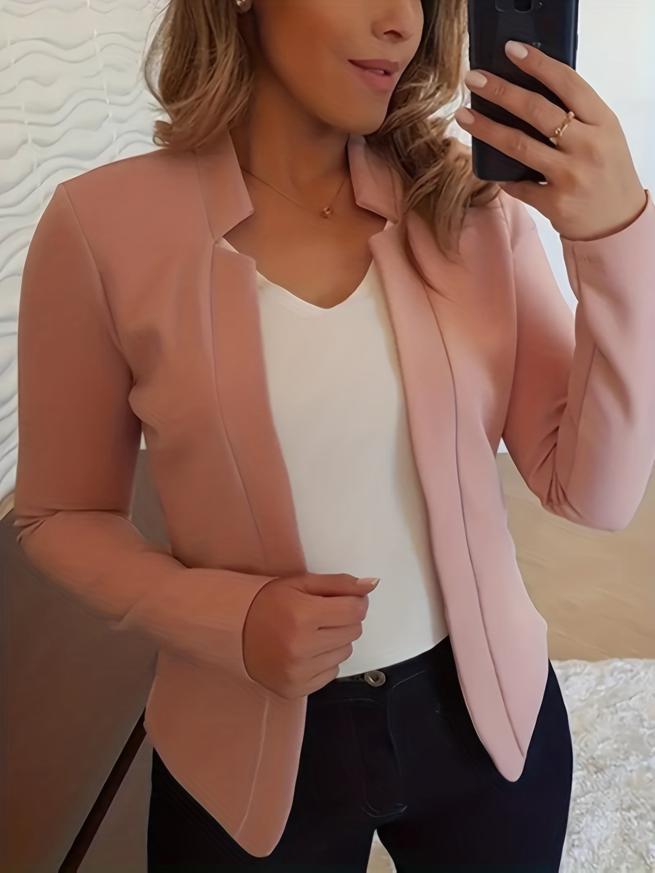 [Everyday Comfort] Women's Elegant Solid Color Polyester Blazer - 95% Polyester, 5% Spandex Knit Fabric, All-Season Stand Collar Jacket for Adults