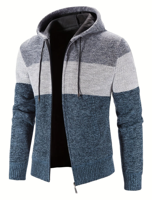 Warm Zip Up Hooded Fleece Jacket Sweater, Men's Casual Slightly Stretch Color Block Cardigan For Fall Winter