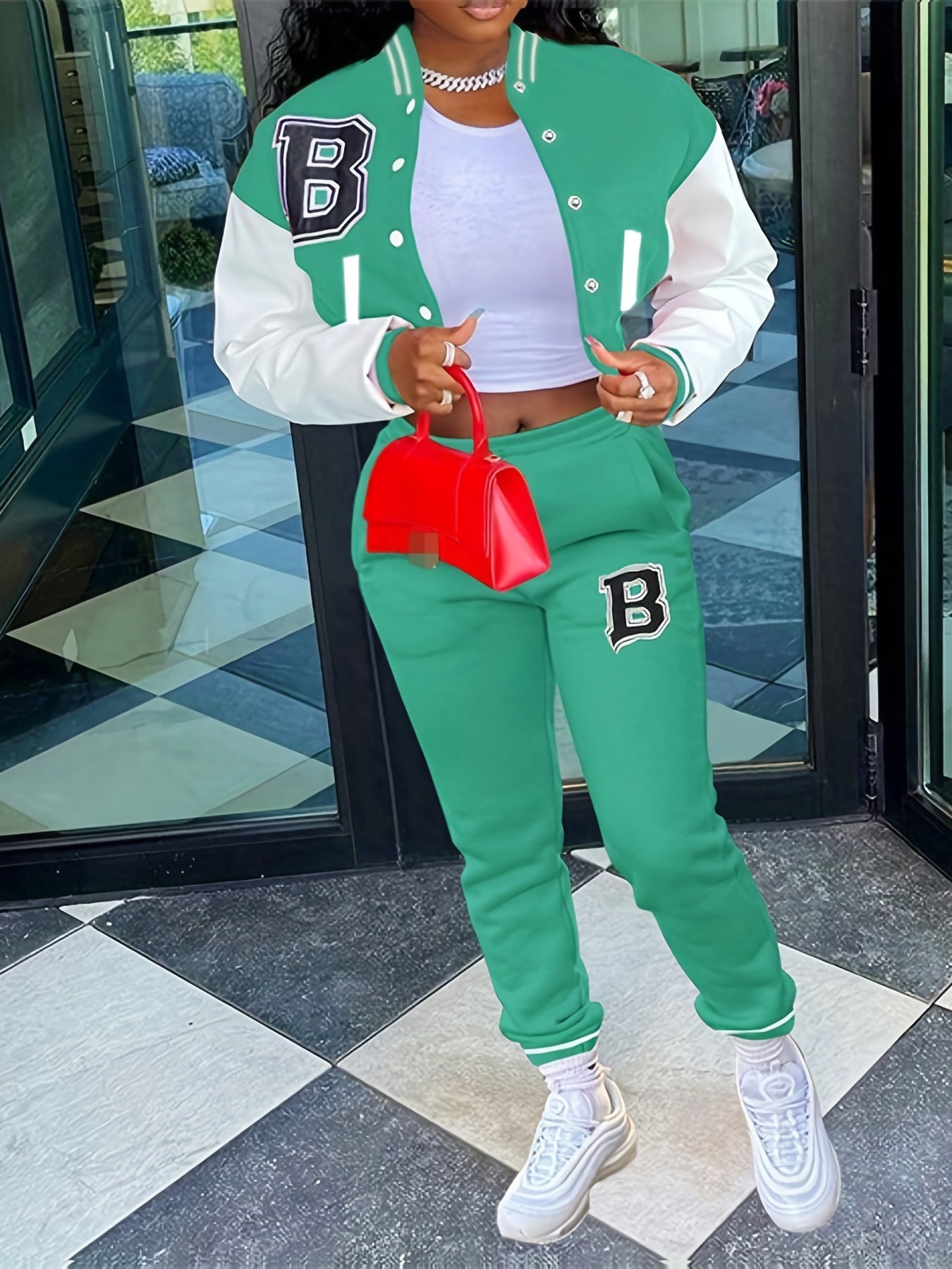 Sporty Chic, Women's Casual Letter Print Baseball Jacket and Pants Set - Red and White, Polyester Blend, Machine Washable, Fall/Winter Fashion Ensemble