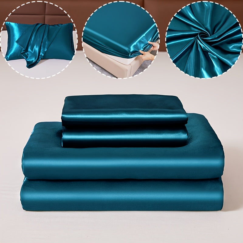 3pcs 100% Polyester Satin Bed Sheet Three-Piece Set [1 Sheet 2 Pillowcase (Coreless)] Skin-friendly Soft And Silky Fabric Student Dormitory Daily Home Bedding Mattress Protector All Year Round Machine Washable No Shrinkage No