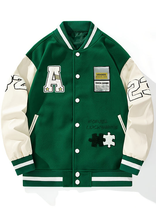 Men's Casual Varsity Jacket with Embroidery and Color Block, Durable Polyester & Easy-Care, Ideal for Spring/Fall Daily Wear