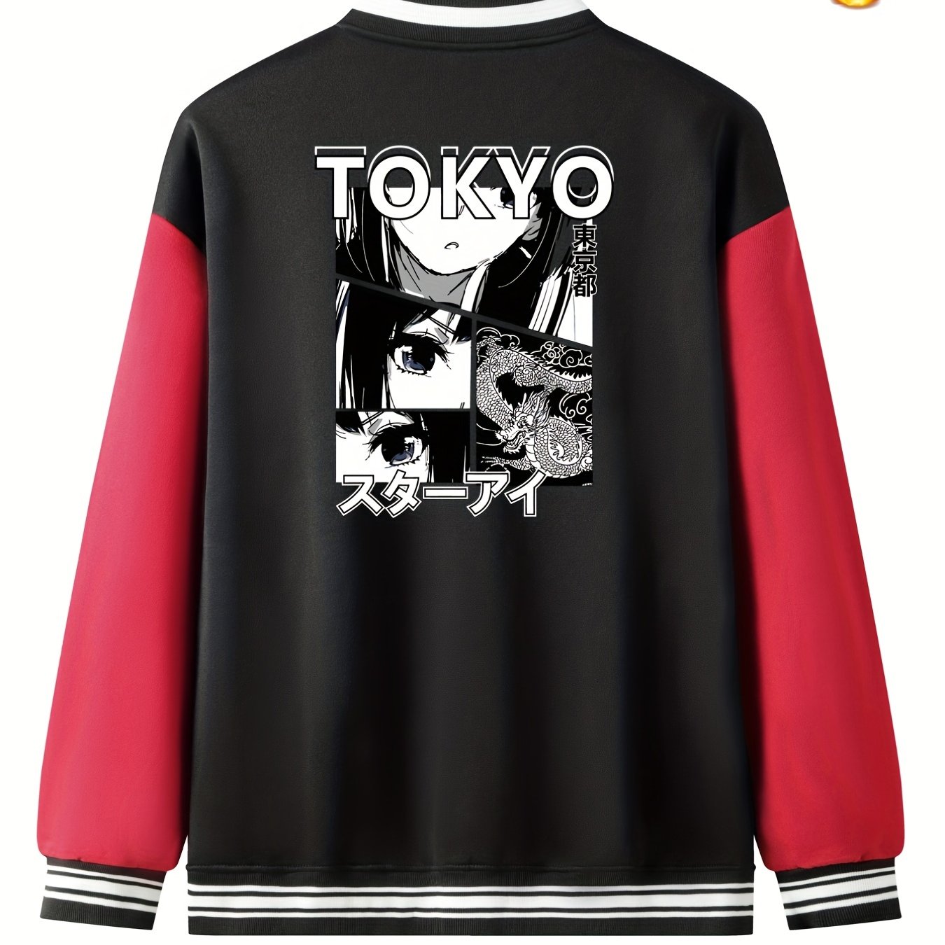 Men's Anime Portrait Embroidered Varsity Jacket - Casual Color Block Button Up for Spring and Fall Baseball and School