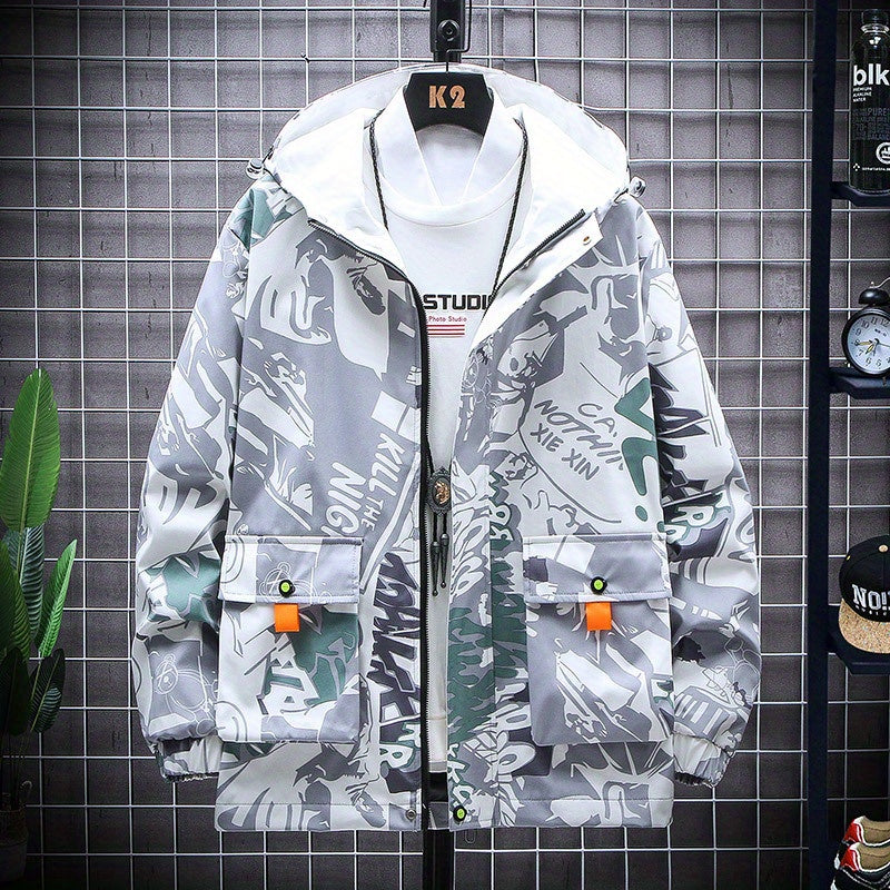 Spring And Autumn Men's Fashion Graffiti Mid Length Windbreaker Popular Hooded And Handsome Men's Jacket Popular Versatile Men's And Women's Same Windbreaker Jacket