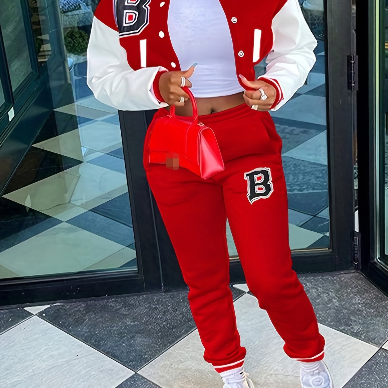 Sporty Chic, Women's Casual Letter Print Baseball Jacket and Pants Set - Red and White, Polyester Blend, Machine Washable, Fall/Winter Fashion Ensemble
